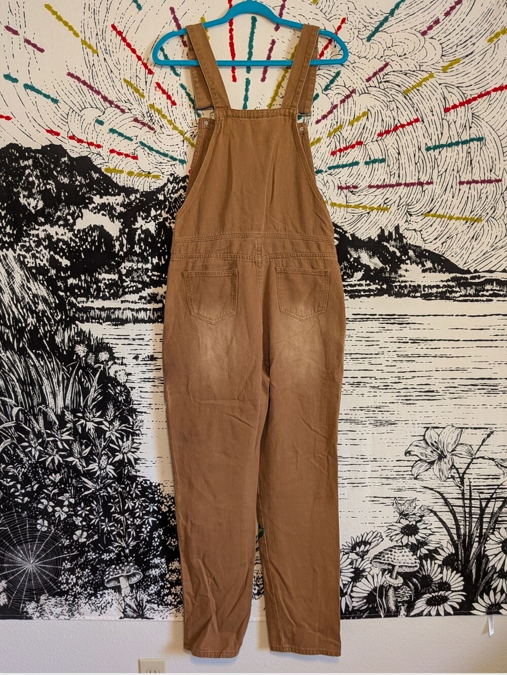 Tan Floral Retro Hippie Artsy Overalls - Picture 2 of 8